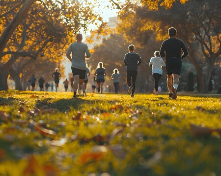 Group of People Jogging Together in Scenic Autumn Park Promoting Healthy Lifestyle