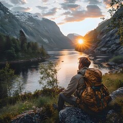 Naklejka premium Hiking and Camping Under the Midnight Sun in Norway s Stunning Fjords