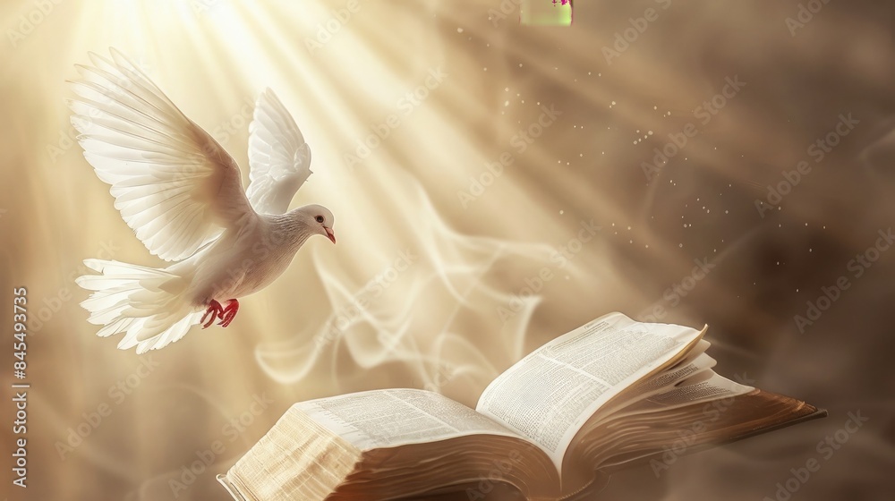 Wall mural A white dove ascending towards a bright beam of light emanating from an open Bible, symbolizing the Holy Spirit and the truth found in scripture - Wall murals