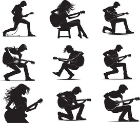 Guitarist silhouette, musician playing the guitar, vector, white background