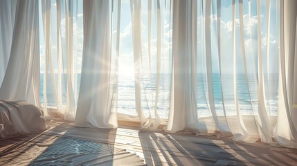 A beachside bedroom where light ocean breezes cause white, sheer curtains to flutter, letting in rays of sunlight that reflect off the sea and dance across the room.