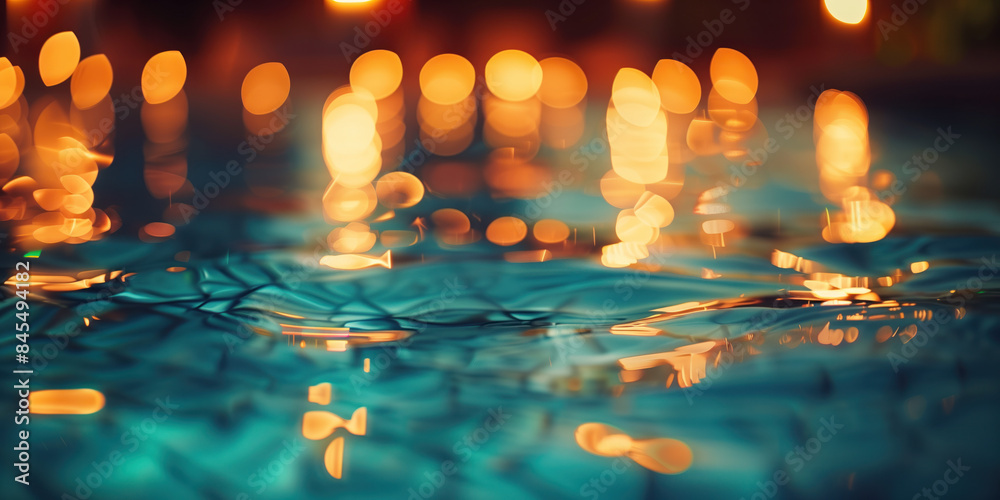 Poster abstract background with blurry lights on pool water. caustics and bokeh. created with generative ai