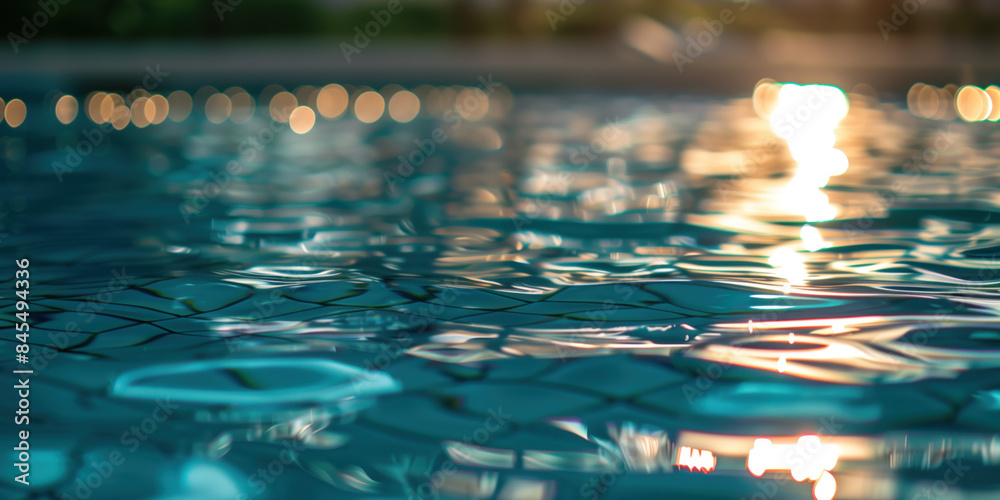 Poster abstract background with blurry lights on pool water. caustics and bokeh. created with generative ai