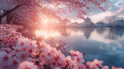 A beautiful scene of cherry blossoms and a pond with a temple in the background