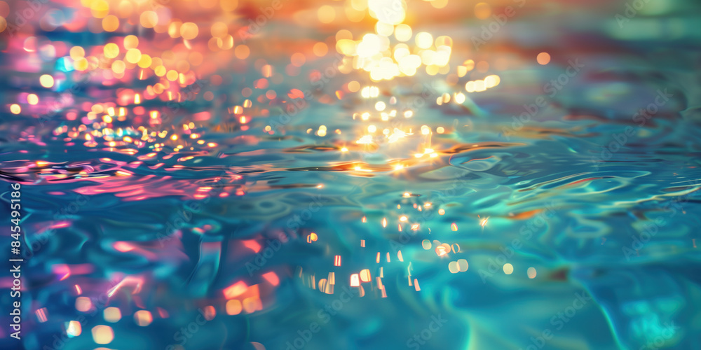 Poster abstract background with blurry lights on pool water. caustics and bokeh. created with generative ai