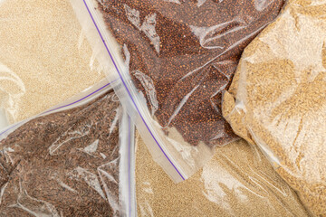 Cereals and grains in transparent plastic bags