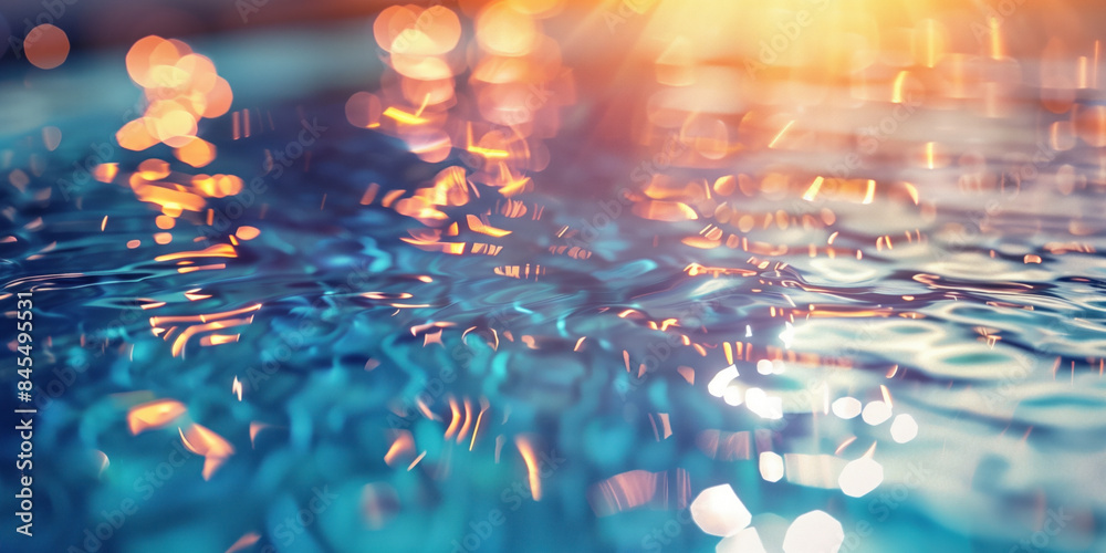 Poster abstract background with blurry lights on pool water. caustics and bokeh. created with generative ai