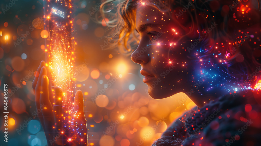 Wall mural a womans hands are bathed in a soft, ethereal glow, seemingly holding a stream of cosmic dust. the s