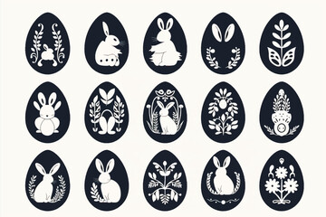 Set of colorful flat design doodle Happy Easter Eggs vector illustrations of bunnies, rabbits icons, decorated with flowers