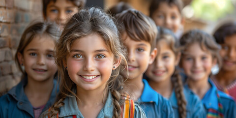 A group of young children, all wearing blue uniforms, smile and pose for a photo in front of a brick wall