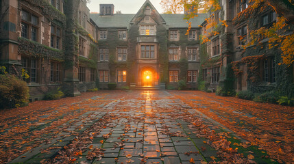 A brick pathway covered in fallen leaves leads towards a grand old building with ivy covering its exterior. Sunlight spills through a doorway at the end of the path, creating a golden glow