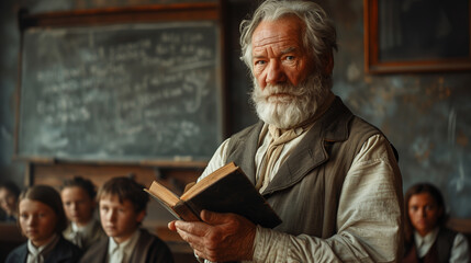 An elderly teacher with a long white beard stands in front of a classroom of students, holding a book and looking directly at the viewer