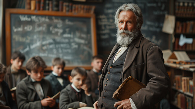 A weathered teacher stands in front of a classroom of young boys, holding a book in his hand. He appears to be in the middle of a lesson, with a chalkboard behind him filled with writing