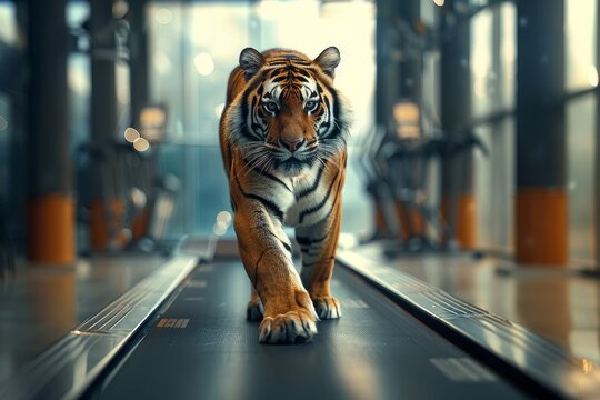 A tiger on a treadmill in the gym.