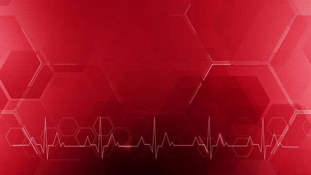 Red medical background design. Geometric abstract animation with hexagons. Cardiogram line of the heart. Looped.