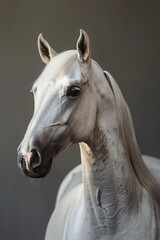 Obraz premium Dramatic profile of a white horse with a focused gaze, set against a textured gray background. The horse's sharp features and the play of light on its coat create a striking visual contrast