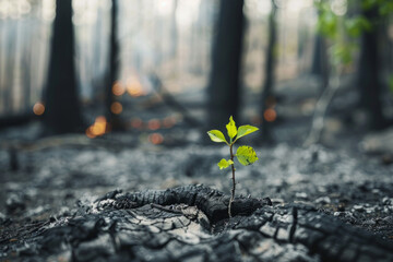 A tree emerging from the remnants of a burned forest, with fresh green shoots sprouting from its branches, symbolizing renewal, regeneration, and the cycle of life.