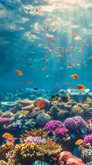 Naklejka premium A vibrant coral reef teeming with colorful fish, sunlight dappling through the crystal-clear water