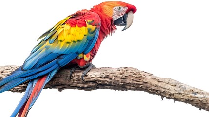 Fototapeta premium A vibrant parrot perched on a branch. The parrot is multicolored with a bright yellow head, a red body, and blue wings.