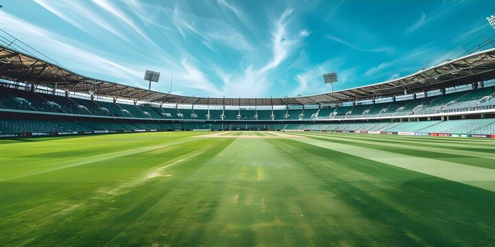 Empty cricket stadium with round open stands green field no competitions. Concept Sports, Cricket, Stadium, Empty, No Competitions