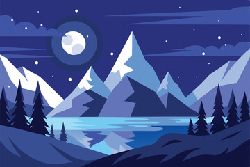 Beautiful winter landscape. Moon over mountains, forest and lake in snowy weather vector illustration