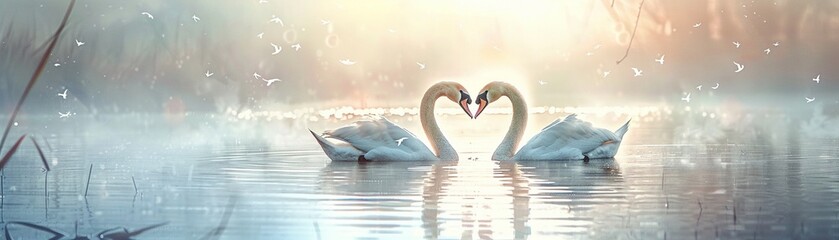Obraz premium Two swans forming a heart with their necks, serene water, soft hues, romantic, Watercolor, Illustration 8K , high-resolution, ultra HD,up32K HD