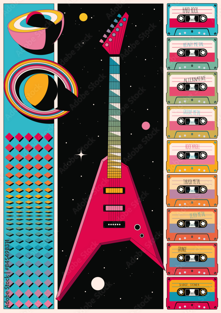 Wall mural abstract musical poster. electric guitar, audio cassettes, saturn, space, geometric background, orig - Wall murals
