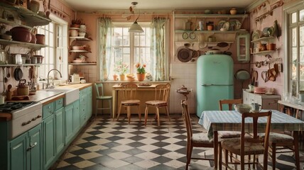 Fototapeta premium Vintage kitchen design interior retro-style appliances, colorful cabinetry, checkered flooring, charming 1950s aesthetic, including a large farmhouse sink, wooden dining table with mismatched chairs