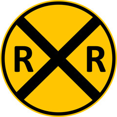 Railway crossing sign. Slow down and be prepared to stop before crossing if necessary. Warning yellow road sign. Be careful, train, locomotive. Rhombus road sign.