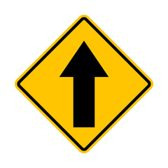 One way traffic sign. Direction of movement. Warning yellow diamond road sign. Diamond road sign. Rhombus road sign.
