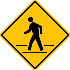 Pedestrian crossing sign. Pedestrians have priority when crossing the road. Yellow diamond shaped warning road sign. Diamond road sign. Road sign rhombus. Crossing point of a road, street, highway.