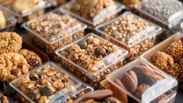 A selection of homemade snacks and treats such as granola energy balls and cookies all packaged in compostable materials.