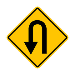 Turn left. Sign U turn. Warning yellow road sign. There is a turnaround area ahead. Diamond road sign. Rhombus road sign.