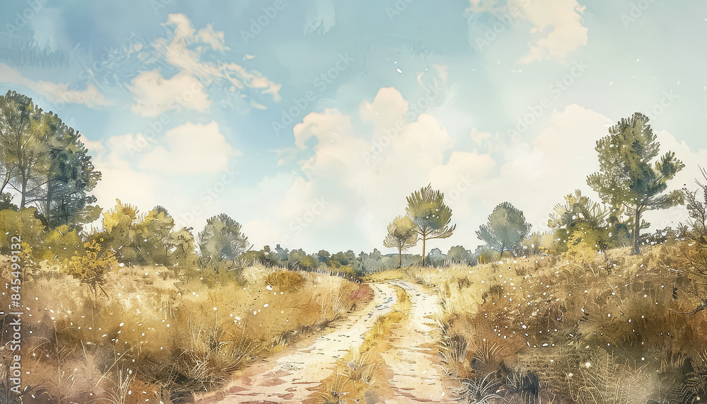 Canvas Prints a painting of a forest path with trees and a sun shining through the leaves