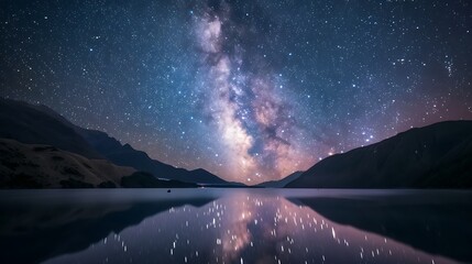 Long exposure image of the Milky Way over a serene lake, creating a stunning mirror reflection.
