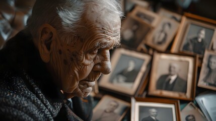 Elderly Man Reminiscing Over Old Photographs with Nostalgic Smile Emotions and Expressions Concept