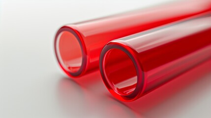 Closeup of two red glossy tubes on a white background.