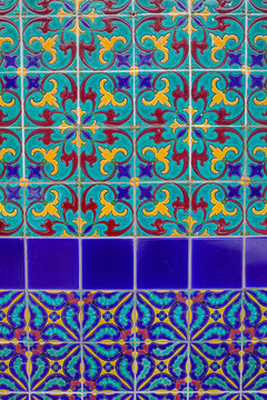 Valparaiso, Chile - 28 Nov, 2023: Traditional portuguese tiles on a building in the historic port of Valparaiso, Chile