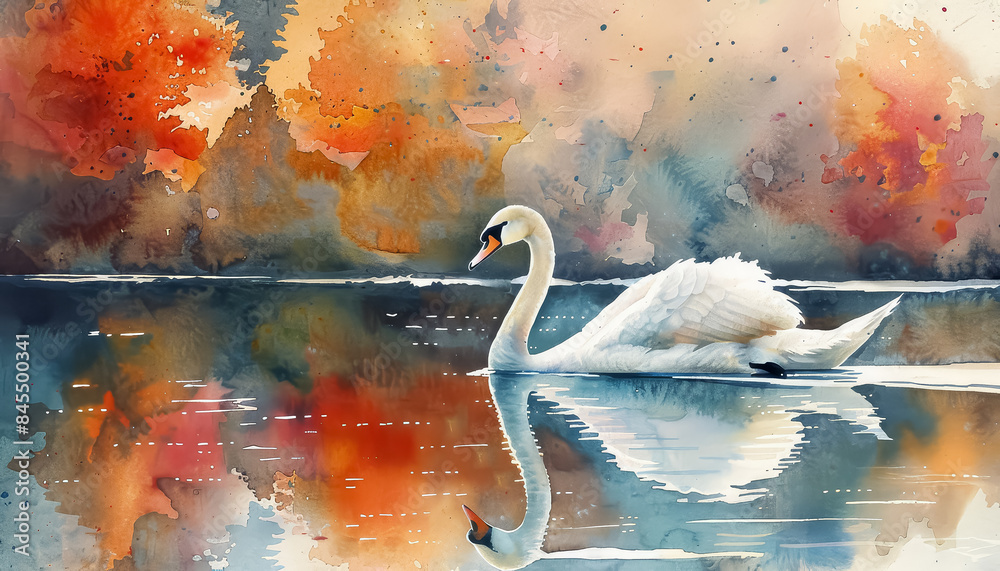 Canvas Prints a swan is swimming in a pond with orange leaves floating on the surface