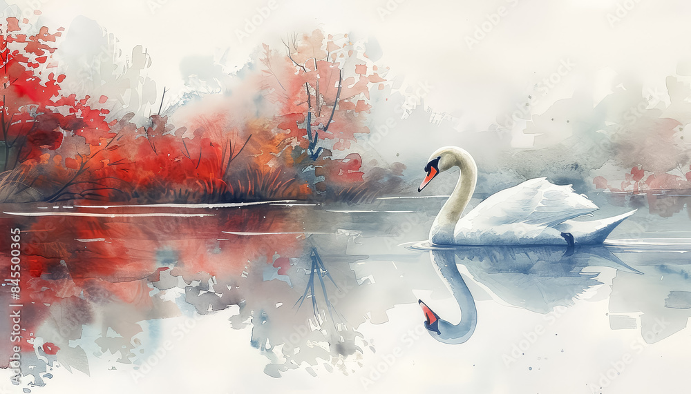 Wall mural a swan is swimming in a pond with orange leaves floating on the surface
