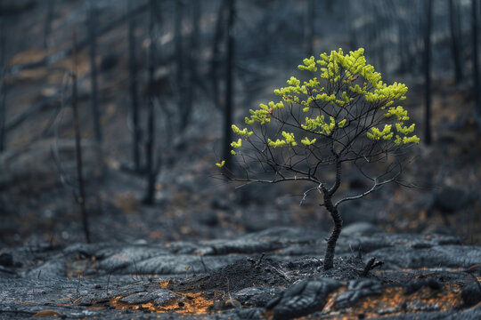 A tree emerging from the remnants of a burned forest, with fresh green shoots sprouting from its branches, symbolizing renewal, regeneration, and the cycle of life.