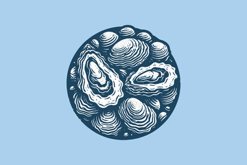 Oysters. vintage blue engraving illustration. isolated object. Icon, logo, emblem.