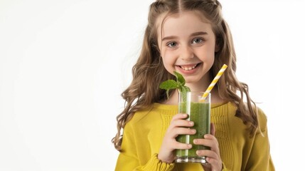 Happy Beautiful Smiling girl Drinking Green Detox Vegetable Smoothie. Diet. Healthy Lifestyle, Vegetarian Meal. Drink Juice.