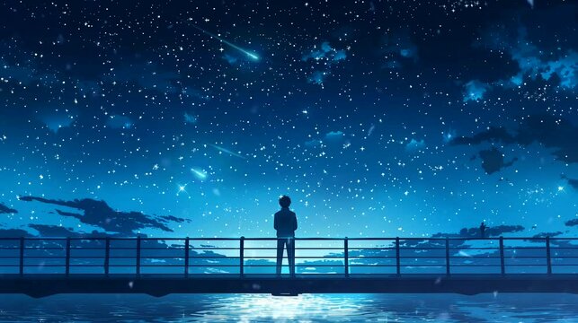 A Man looks at the starlit sky from a bridge over a river. Anime or cartoon style, looping 4k video animation background