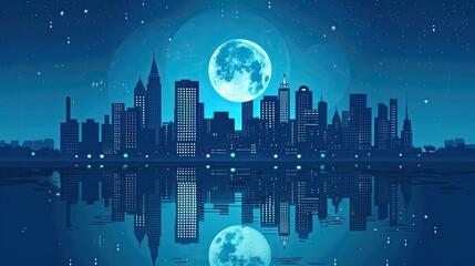 Obraz premium Night sky and moon reflection in water city silhouette vector cityscape illustration