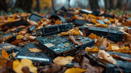 Pile of discarded electronic waste in sunlight