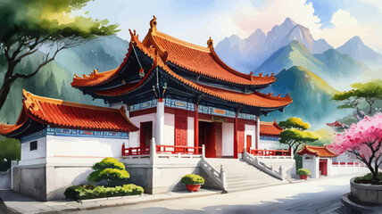 a painting of a chinese building with mountains in the background