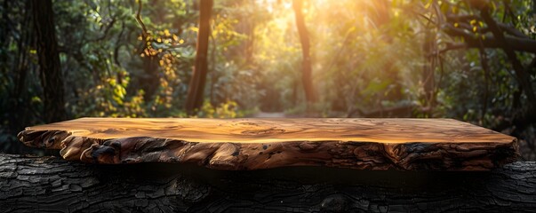 Fototapeta premium Raw Edge Wood Table in Nature Center for Environmental Education Materials and Product Display