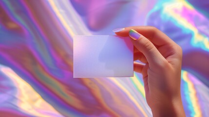 A woman's hand holds up a white card by the fingertips on the iridescent background.