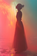 Fototapeta premium Elegant silhouette of a female figure standing tall on a soft pastel background,